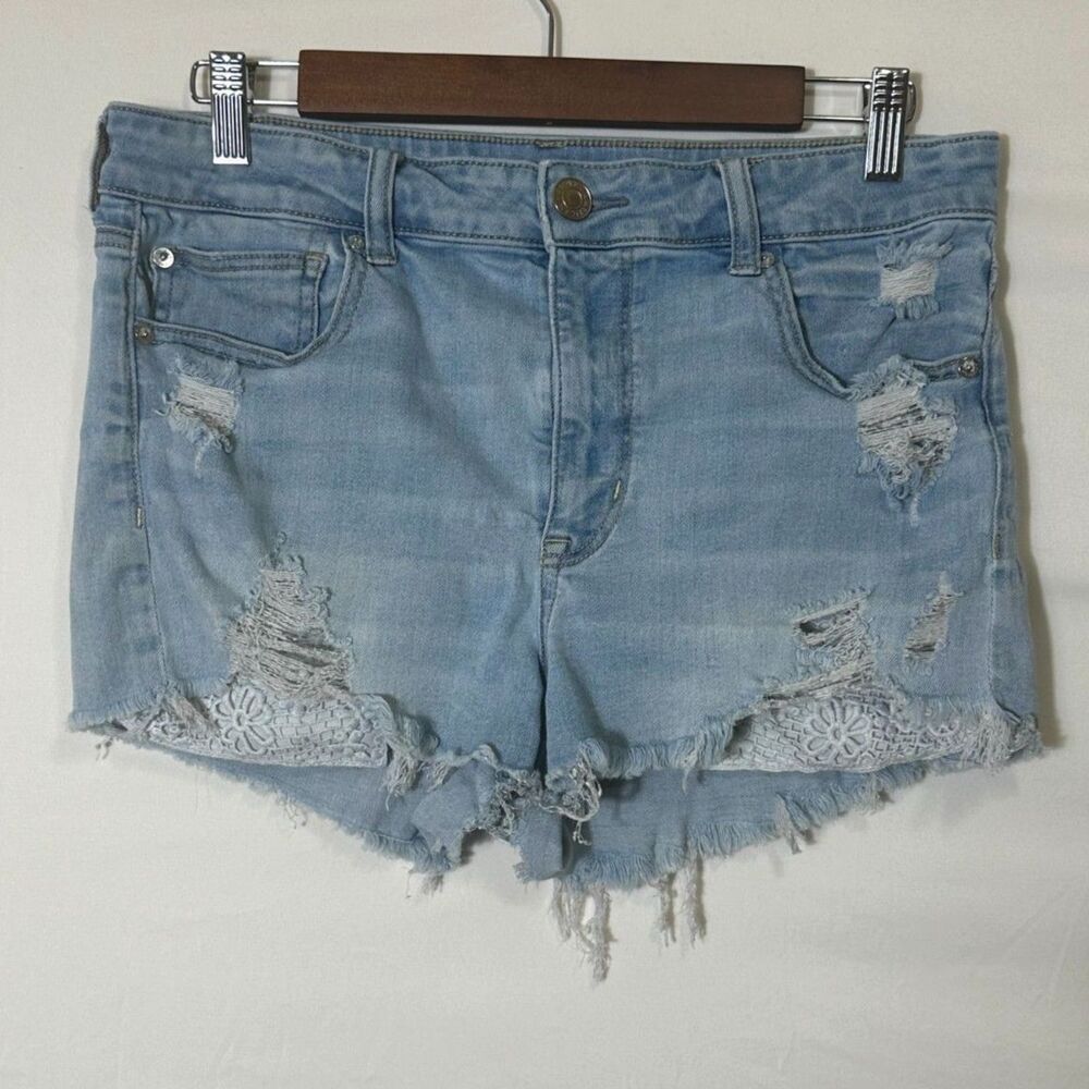 American Eagle Next Level Stretch Hi-Rise Shortie Distressed Denim Shorts SZ 12